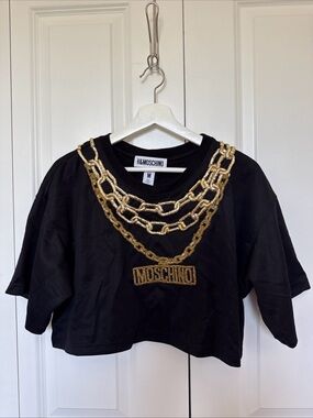 Moschino and H&M Black Tee with Gold Beaded Chain Appliqués Rare
